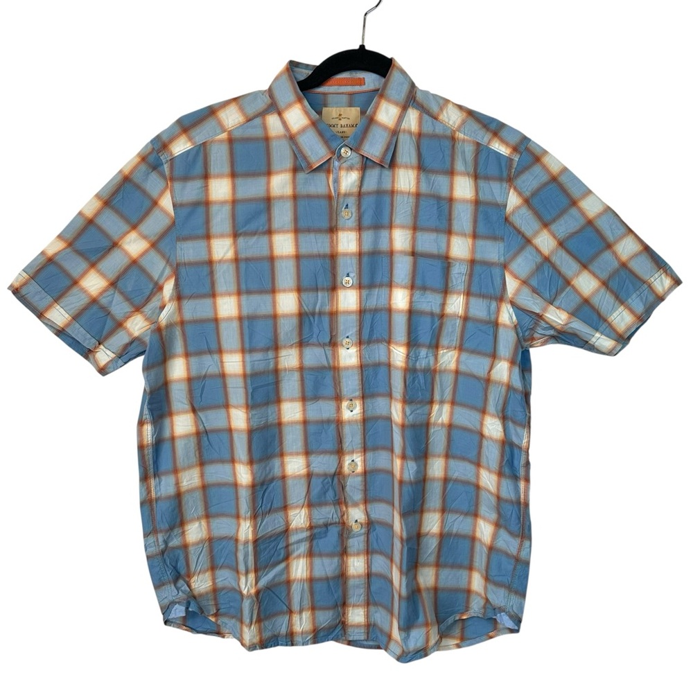 Tommy Bahama Jeans Plaid Shirt Large Blue Orange Cotton Button Down Resort